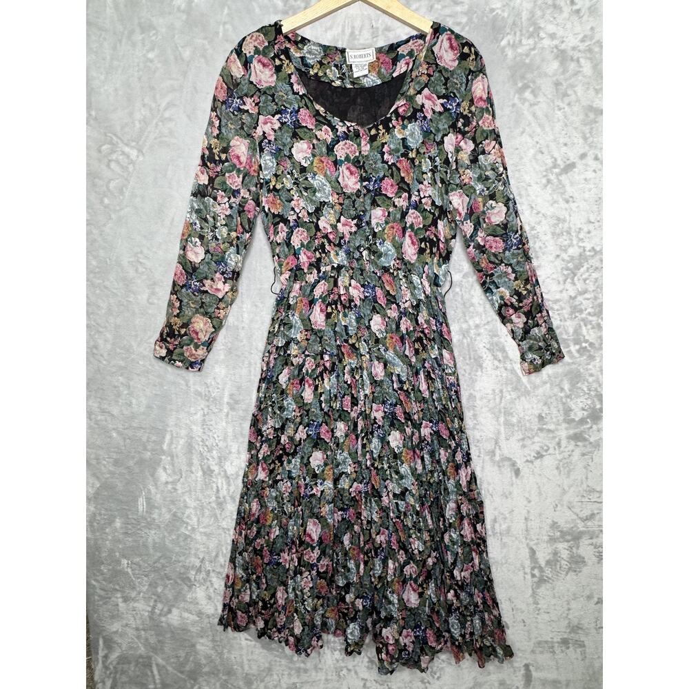 Vintage S Roberts Dress Womens 11/12 Black Floral Button Up 90s Boho Cottagecore